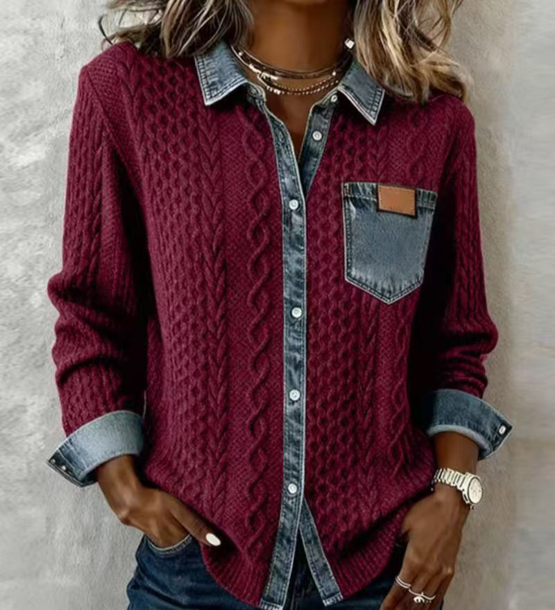 Aimilija - Pleteni top s pletenicama i denim detaljima